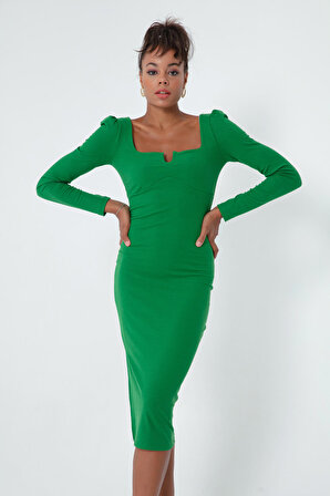 Kadın Yeşil Yırtmaçlı Örme Elbise