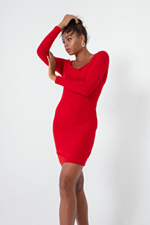 Kadın Kırmızı Uzun Kollu Örme Elbise