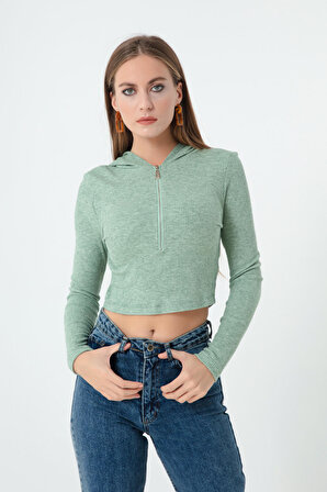 Kadın Yeşil Önü Fermuarlı Örme Crop Bluz