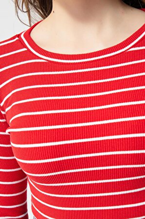 Kadın Kırmızı-Ekru Fitilli Uzun Kollu Crop Bluz