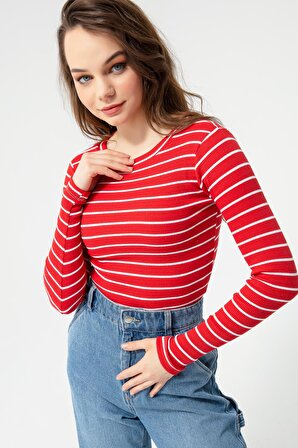 Kadın Kırmızı-Ekru Fitilli Uzun Kollu Crop Bluz