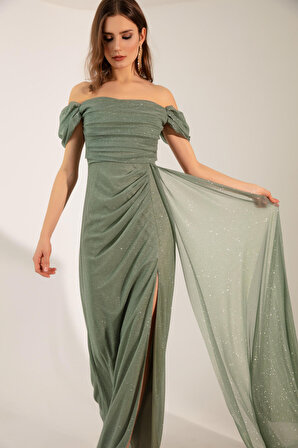 Kadın Mint Yeşili Kayık Yaka Drapeli Yırtmaçlı Uzun Simli Abiye Elbise