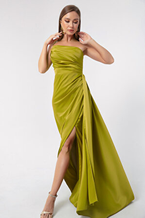 Kadın Yağ Yeşili Tek Omuzlu Saten Abiye & Mezuniyet Elbisesi