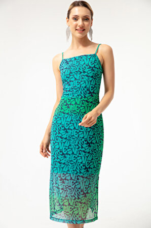 Kadın Mavi Desenli Midi Şifon Elbise