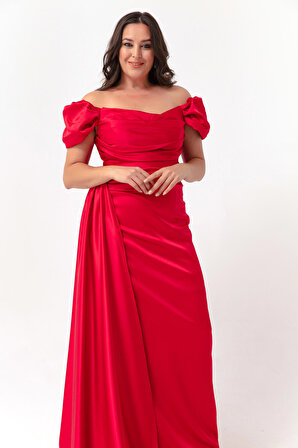 Kadın Kırmızı Kayık Yaka Kuyruklu Uzun Saten Abiye & Mezuniyet Elbisesi