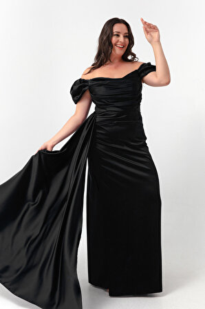 Kadın Siyah Kayık Yaka Kuyruklu Uzun Saten Abiye & Mezuniyet Elbisesi