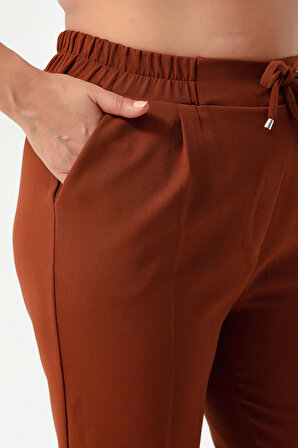 Kadın Kahverengi Beli Lastikli Büyük Beden Pantolon