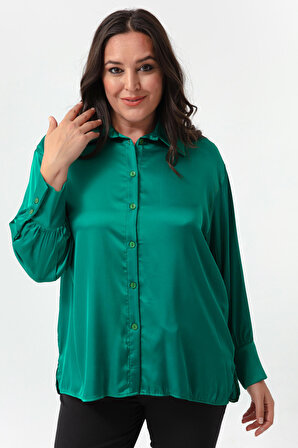 Kadın Zümrüt Yeşili Büyük Beden Saten Gömlek