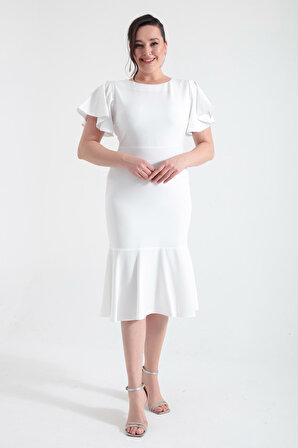 Kadın Beyaz Büyük Beden Volanlı Elbise