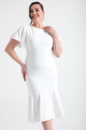 Kadın Beyaz Büyük Beden Volanlı Elbise