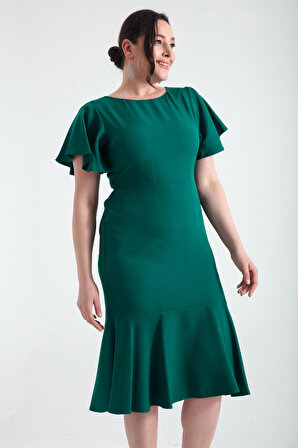 Kadın Zümrüt Yeşili Büyük Beden Volanlı Elbise