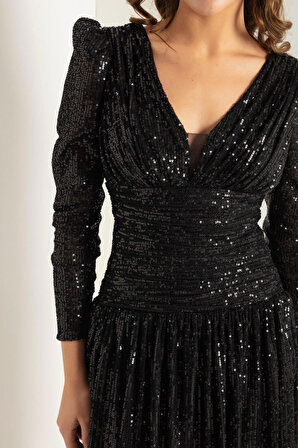Kadın Siyah Uzun Kol Pullu Mini Gece Elbisesi