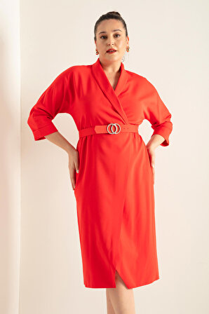 Kadın Kırmızı Kruvaze Yaka Kemerli Büyük Beden Midi Elbise