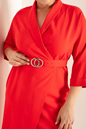 Kadın Kırmızı Kruvaze Yaka Kemerli Büyük Beden Midi Elbise
