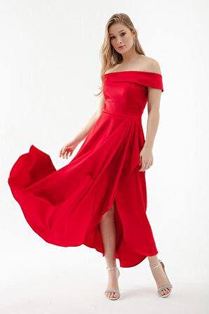 Kadın Kırmızı Kayık Yaka Midi Saten Abiye Elbise