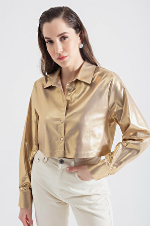 Kadın Gold Parlak Dokulu Crop Gömlek