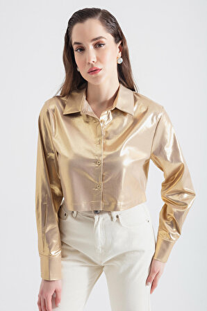 Kadın Gold Parlak Dokulu Crop Gömlek