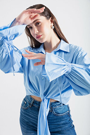 Kadın Mavi Bağlama Detaylı Uzun Kollu Gömlek