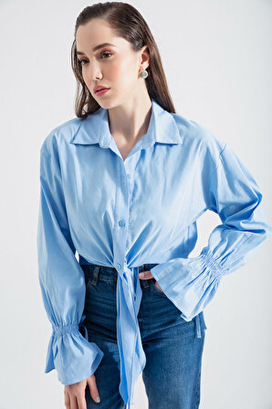 Kadın Mavi Bağlama Detaylı Uzun Kollu Gömlek