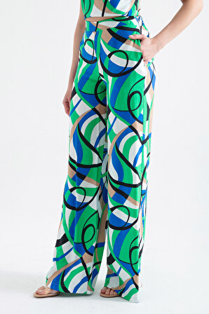 Kadın Yeşil Desenli Bol Paça Pantolon