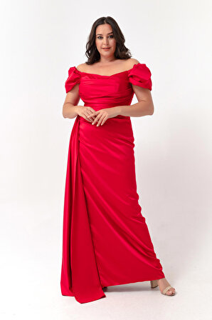 Kadın Kırmızı Kayık Yaka Kuyruklu Uzun Saten Abiye & Mezuniyet Elbisesi