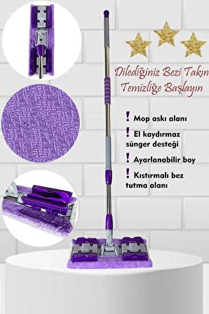 Mor Mop Yedek Bez Hediyeli Yer Mopu Fayans Duvar Yüzey Temizlik Mikrofiber Paspas, Banyo Temizleyici