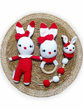 Amigurumi Kırmızı Hediyelik Tavşan, Emzik Zinciri, Çıngırak Uyku Arkadaşı Set