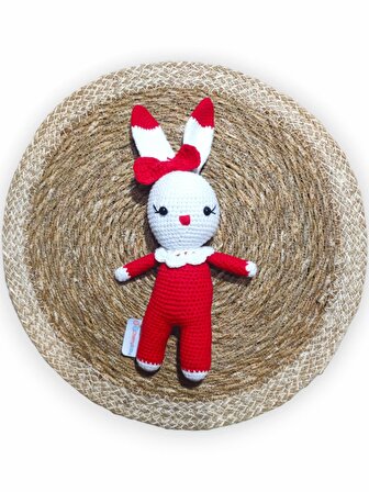 Amigurumi Kırmızı Hediyelik Tavşan, Emzik Zinciri, Çıngırak Uyku Arkadaşı Set