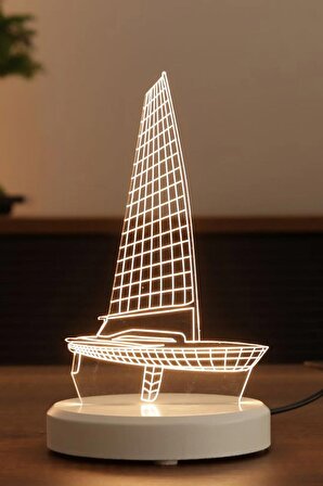 Yelkenli Figürlü Led Masa Lambası | Gün Işığı Renk | Ahşap Beyaz Taban