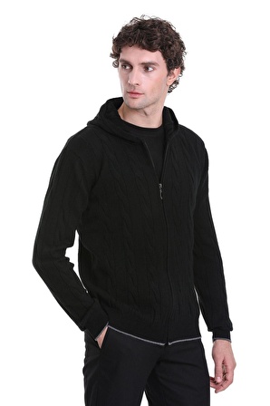 Siyah Regular Fit Jakarlı Yarım Fermuarlı Kapüşonlu Triko Kazak | XL