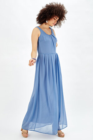 Astarlı Pileli Şifon Uzun Elbise K.Mavi