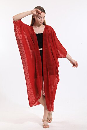 Şifon Plaj Kimono | ELB33597 Noktalı Kırmızı