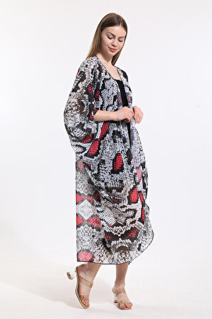Şifon Plaj Kimono | ELB33597 Ekru Fuşya Yılan Desen