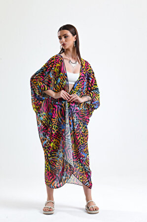 Şifon Plaj Kimono | ELB33597 Renkli Zebra Des.