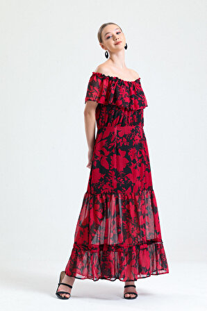 Volanlu Kolsuz İçi Astarlı Şifon Elbise | Elb34301 Kırmızı Siyah