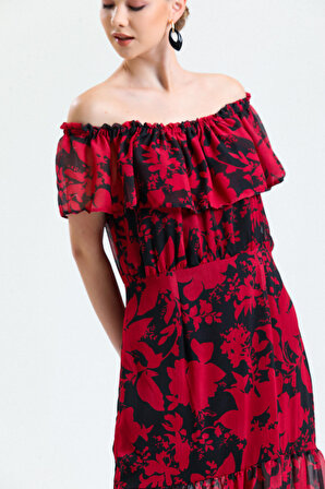 Volanlu Kolsuz İçi Astarlı Şifon Elbise | Elb34301 Kırmızı Siyah