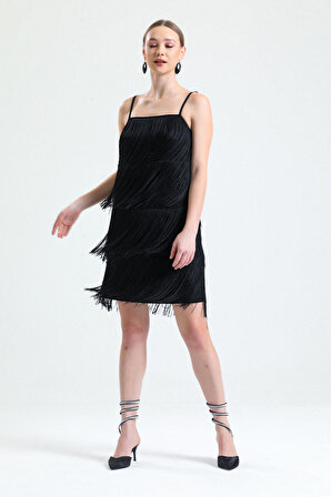 İp Sacaklı Abiye Scuba Krep Mini Elbise | ELB34822 Siyah
