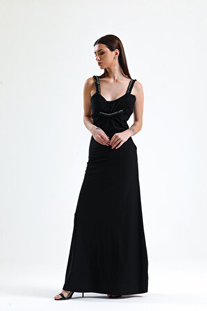 Taş detaylı Uzun Abiye Elbise | ELB40125 Siyah