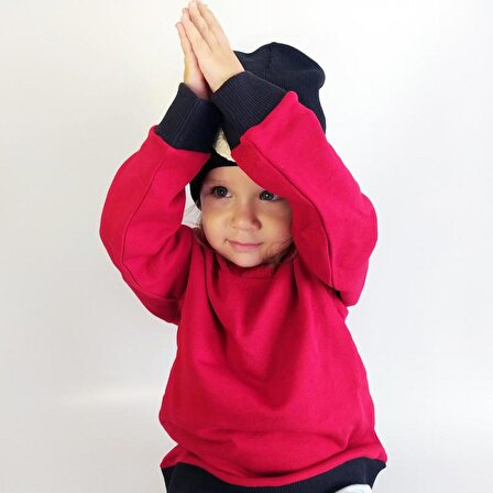 Çocuk Sweatshirt Kapüşonlu - Kırmızı Siyah - Düz