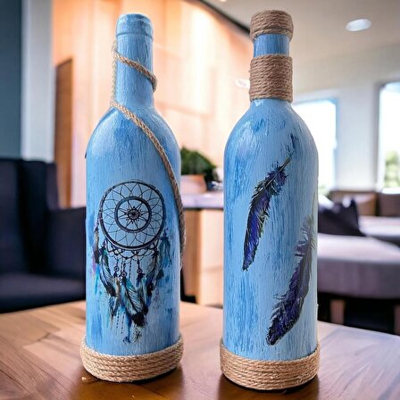 El Yapımı Düş Kapanı Baskılı Mavi Dekoratif Şarap Şişesi 2 Li Set, Ev Dekor