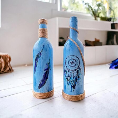 El Yapımı Düş Kapanı Baskılı Mavi Dekoratif Şarap Şişesi 2 Li Set, Ev Dekor