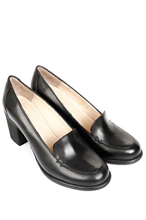 SİYAH Gön Hakiki Deri Yuvarlak Burun Kalın Orta Topuklu Kauçuk Taban Kadın Ayakkabı 24070