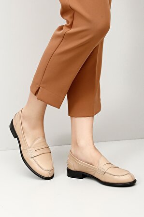 NUDE Gön Hakiki Deri Yuvarlak Burun Kısa Topuklu Loafer Kadın Günlük Ayakkabı 24138