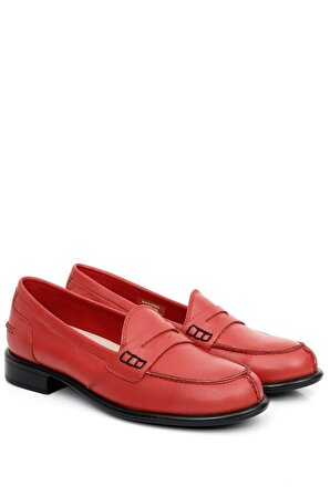 KIRMIZI ANTİK Gön Hakiki Deri Yuvarlak Burun Kısa Topuklu Loafer Kadın Günlük Ayakkabı 24138