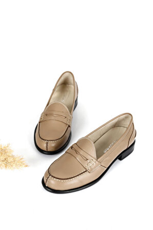 VİZON ANTİK Gön Hakiki Deri Yuvarlak Burun Kısa Topuklu Loafer Kadın Günlük Ayakkabı 24138