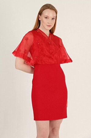 Kruvaze Yaka İnci İşlemeli Elbise 2203-Kırmızı