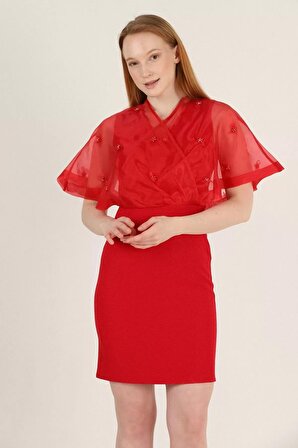 Kruvaze Yaka İnci İşlemeli Elbise 2203-Kırmızı