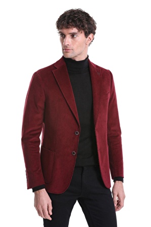 Bordo Slim Fit Düz Mono Yaka Pamuklu Kadife Ceket | 48