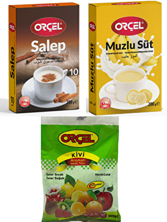 Orçel Muzlu Süt 200gr. + Orçel Kivi 300gr. + Orçel Sahlep 200gr. Aromalı İçecek Tozu Oralet Çay