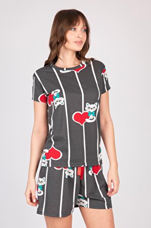 Kadın Kalpli Kedili Desenli Yazlık Şortlu Gri Pamuklu Pijama Takımı